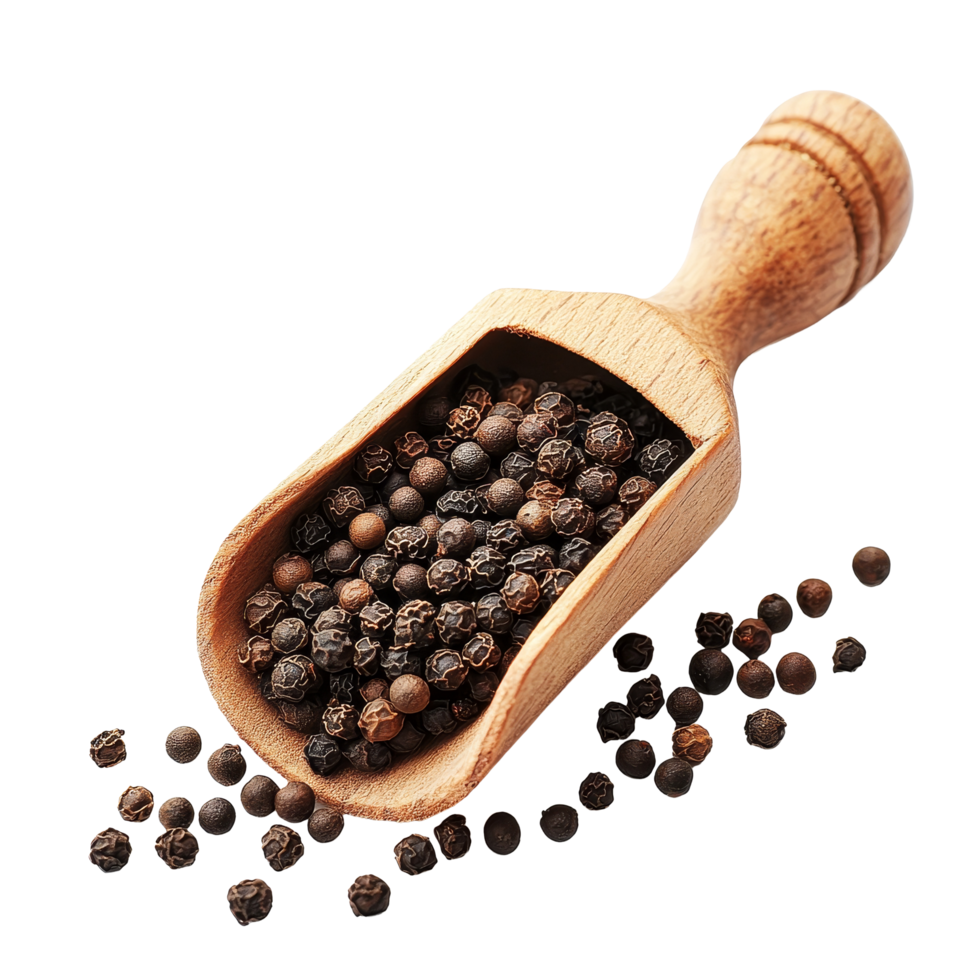 Wooden scoop filled with fresh peppercorns on a clean transparent background for culinary use, peppercorn in wood scoop isolated on transparent background png
