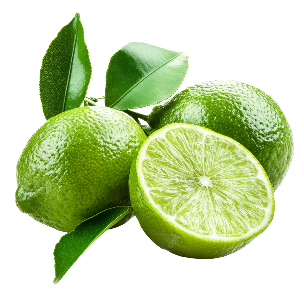 Freshly cut limes with vibrant green leaves displayed on a clean surface for culinary use, fresh lime isolated png