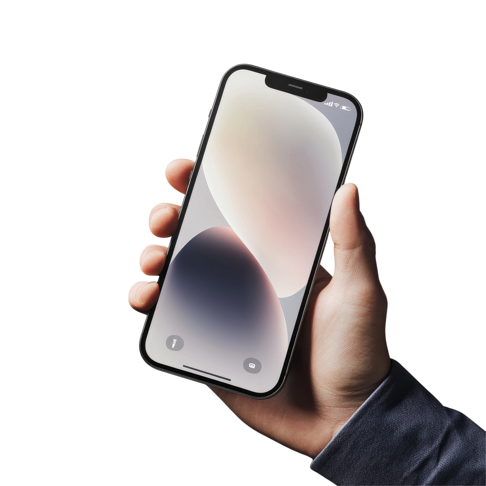 A hand holds a mobile phone displaying a sleek screen mockup against a neutral background in soft lighting, Hand holding mobile phone screen mockup, iphone 14 pro, business app advertising png