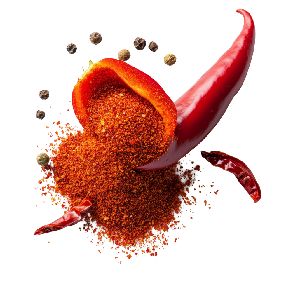 Chili pepper split open with vibrant chili powder spilling out on a clean surface, Chili powder spilled out of a cut open chili pepper Stock Photo png