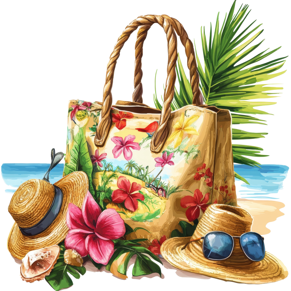 A vibrant beach bag with accessories surrounded by tropical elements on a sunny shoreline, file no background Beach bag with accessories and tropical beach png