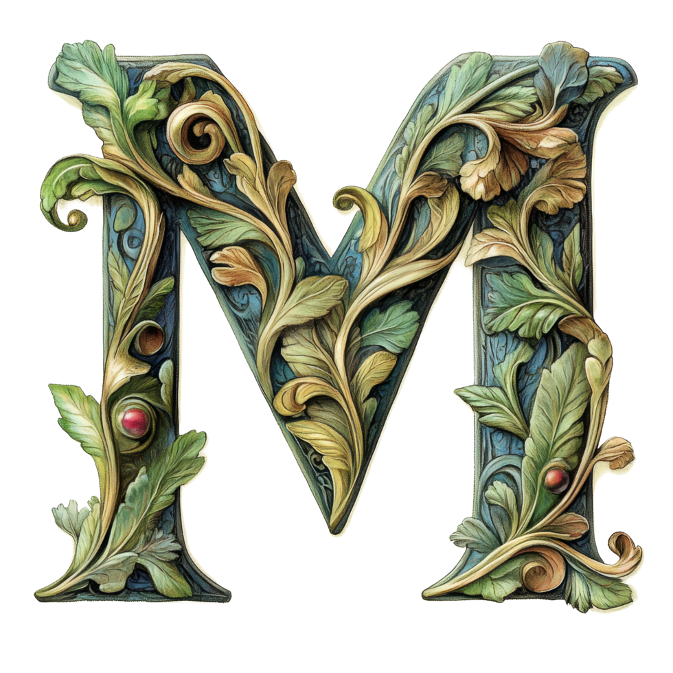 Elegant decorative letter M adorned with intricate foliage and floral designs on a light background, showcasing artistic craftsmanship, consonant letter m is used to make words on transparent png