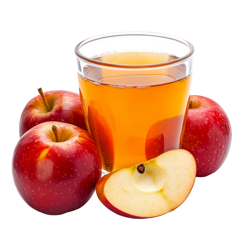 Refreshing apple juice in a glass with red apples arranged around it on a transparent background, A glass of apple juice with red apples isolated png