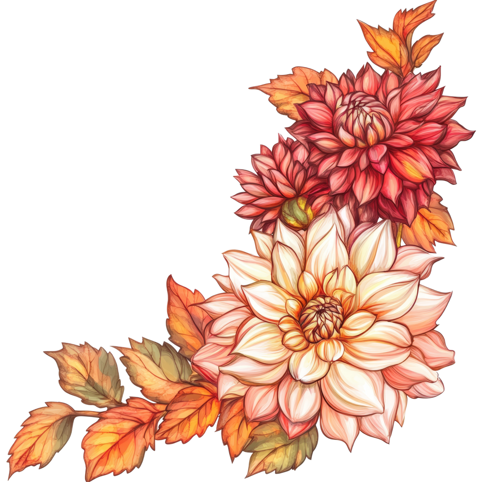 Autumn floral corner border featuring dahlia in shades of transparent transparent and autumn foliage, Autumn floral corner border with dahlia transparent background png