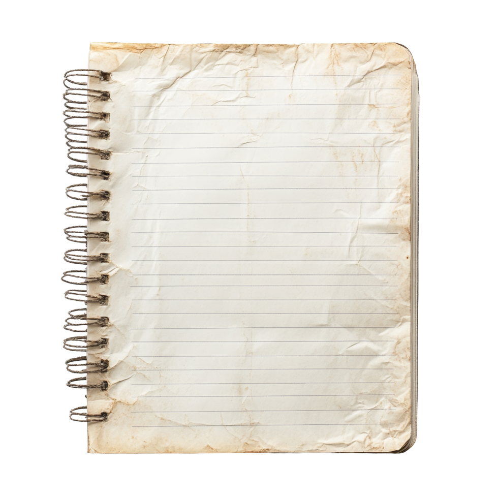 A plain, crumpled paper sheet notebook resting on a clean transparent background ready for writing notes or sketches, Paper sheet notebook with line on transparent backgroundfile png