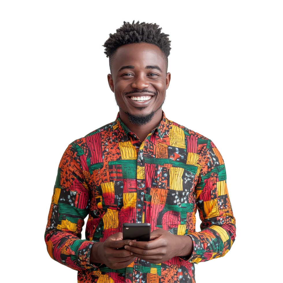 Smiling African man holding a smartphone against a plain transparent background in a colorful patterned shirt, Smiling African Man With Phone on transparent background png