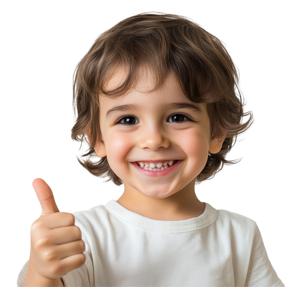Cheerful child giving a thumbs up against a transparent background, expressing joy and positivity in a playful moment, Cheerful Child Giving Thumbs Up transparent backgroundPortrait png