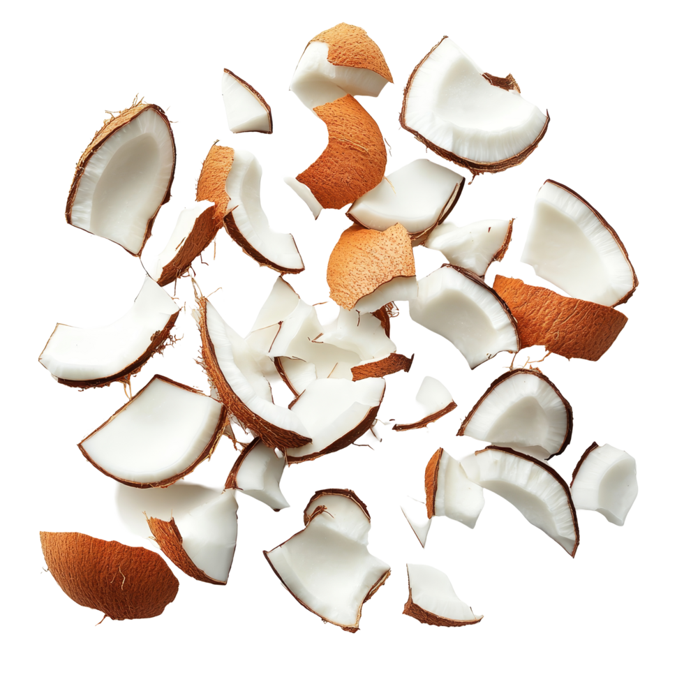 Coconut pieces scattered on a transparent background showcasing the natural texture and colors of coconut shells and flesh, Coconut pieces on transparent background png