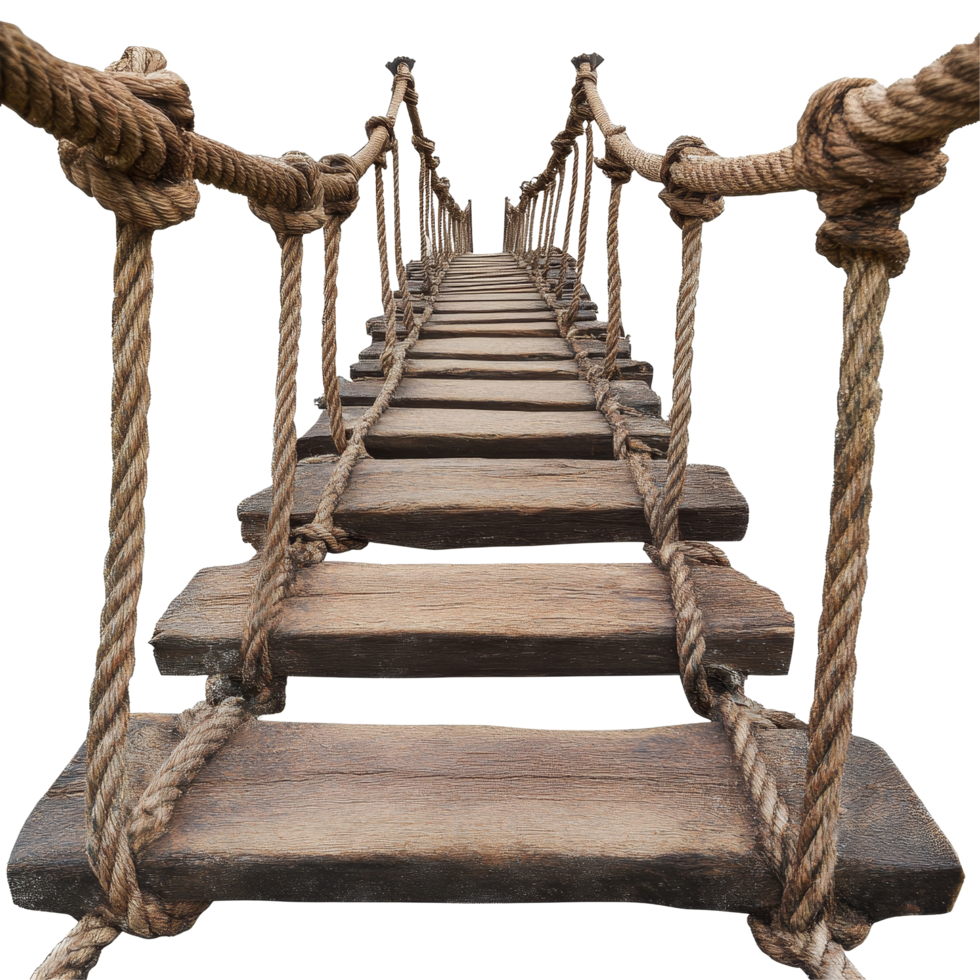 A rustic rope bridge stretches across an empty space, inviting adventure and exploration in any serene environment, Rope bridge isolated on transparent background png