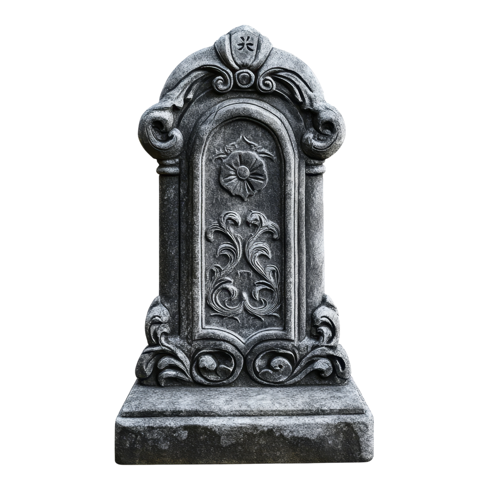 A detailed tombstone featuring ornate designs isolated on a transparent background, tombstone, file of isolated object on transparent background png