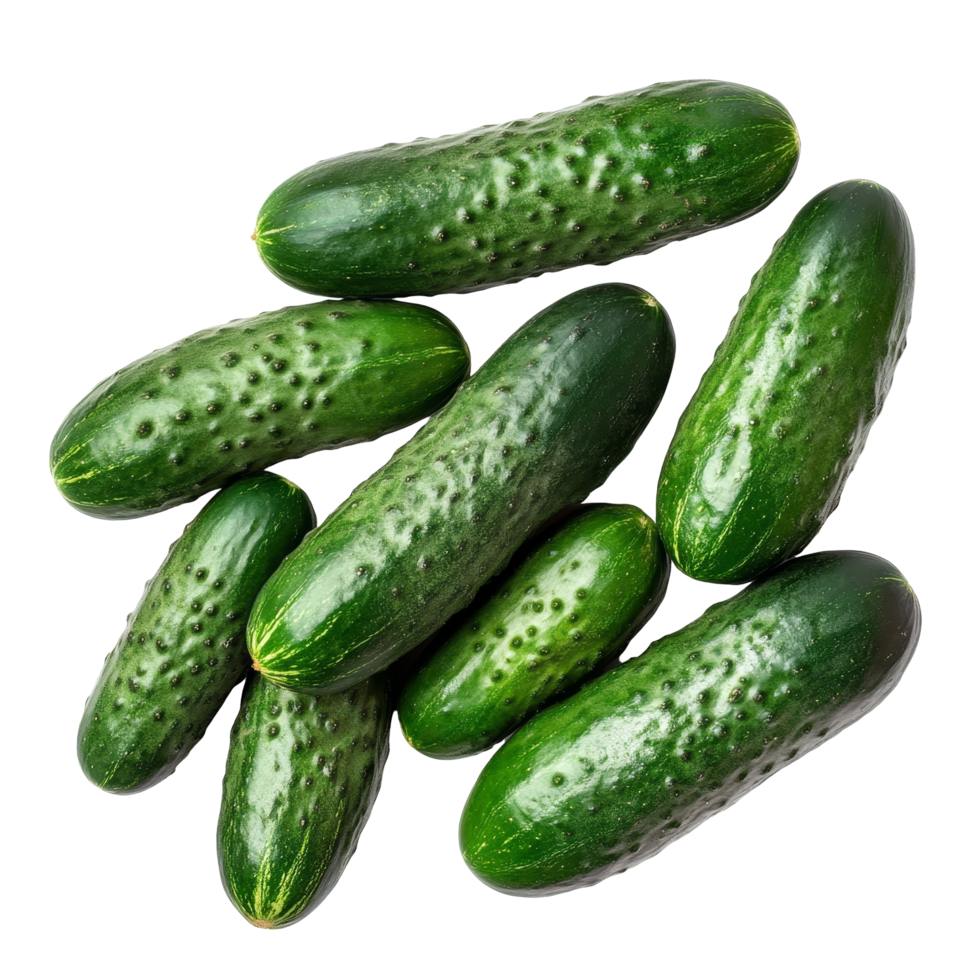 Fresh cucumbers arranged on a bright transparent background, showcasing their vibrant color and unique texture, fresh cucumbers on transparent background png