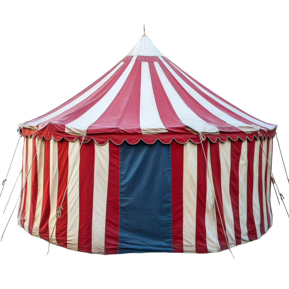 A vibrant circus tent with red and transparent stripes stands alone against a plain transparent background, symbolizing excitement and wonder, circus tent isolated on transparent background png