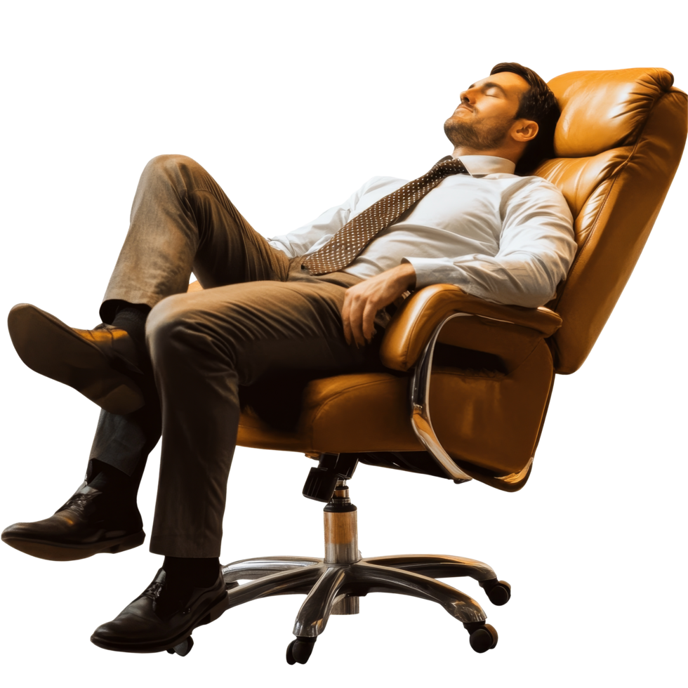 Corporate businessman resting comfortably on a chair during a busy workday in an office environment, exuding relaxation, Corporate businessman sleeping on a chair file no background png