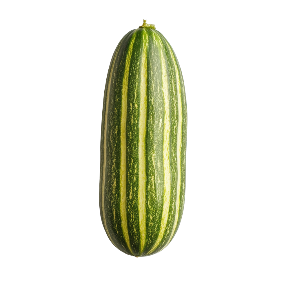 Fresh striped cucumber on a clean transparent surface, showcasing its vibrant green and yellow stripes, striped cucumber on transparent background png