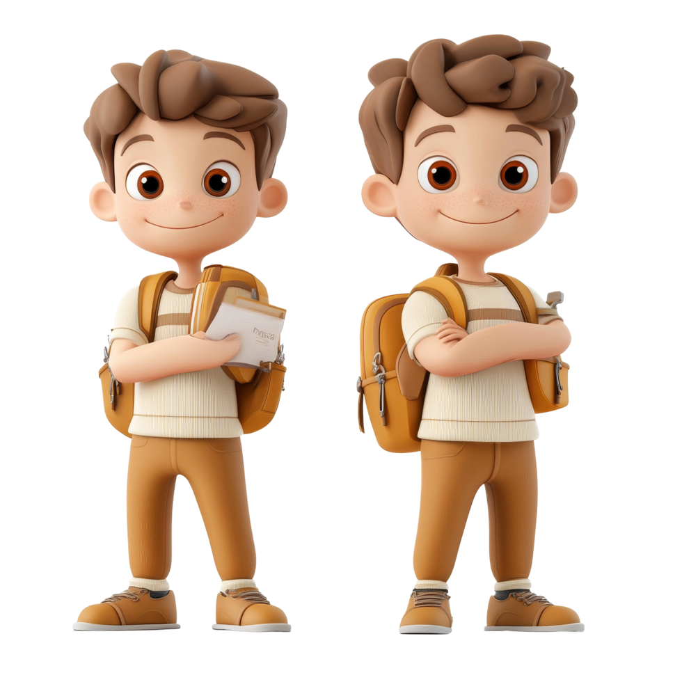 Two adorable cartoon boys are smiling, ready for school, showcasing their backpacks and enthusiasm, 3D Cartoon Character Cute Student Boys, Isolated transparent background png