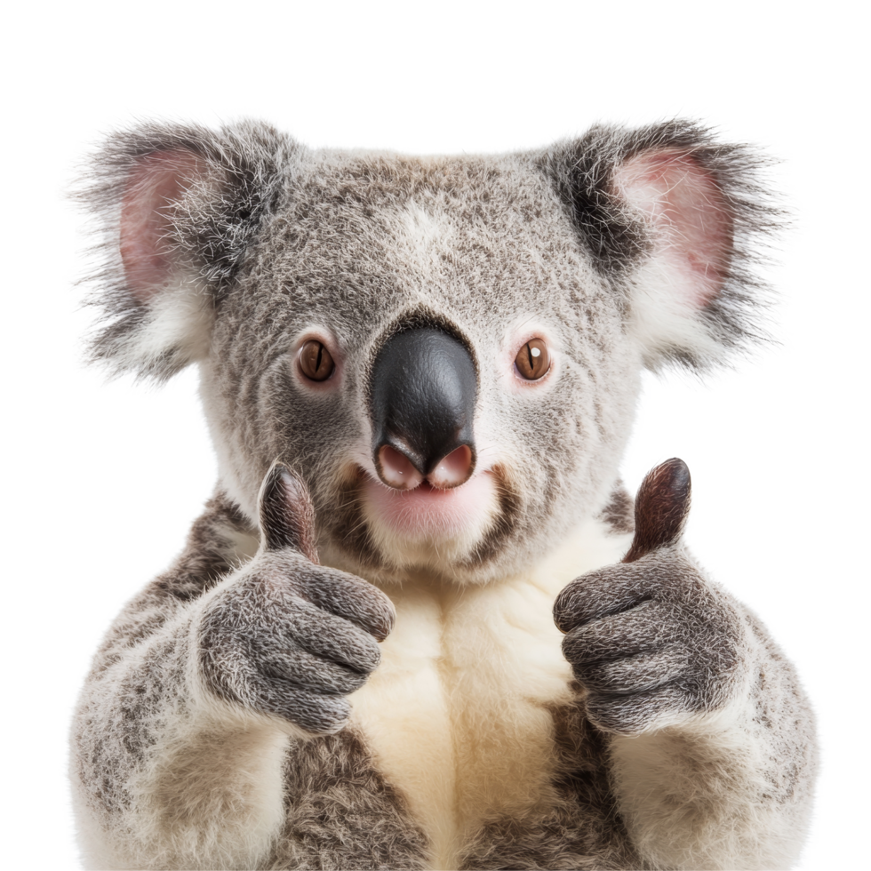 A cute koala giving a thumbs up isolated on bright transparent background in a cheerful pose, Cute Koala Giving Thumbs Up Isolated on transparent background png