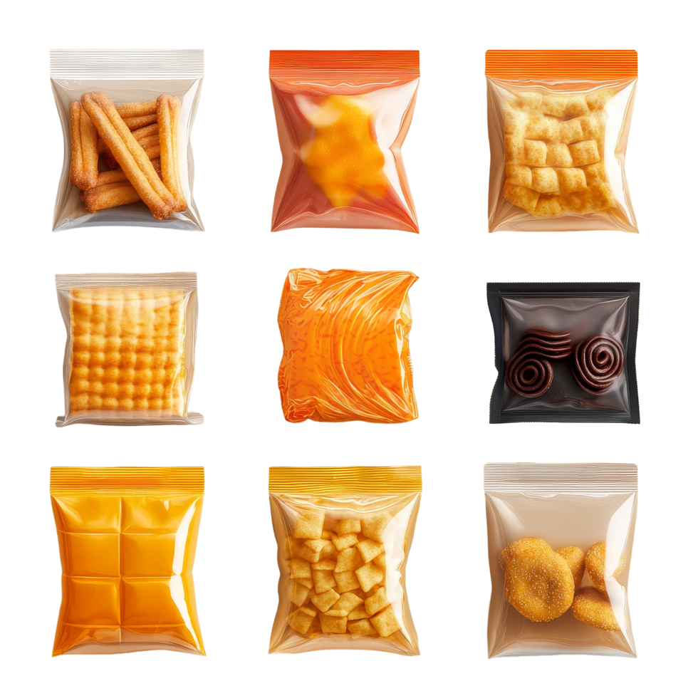 Variety of snack packaging isolated on a neutral background showcasing different textures and colors, Packaging for snack isolated png