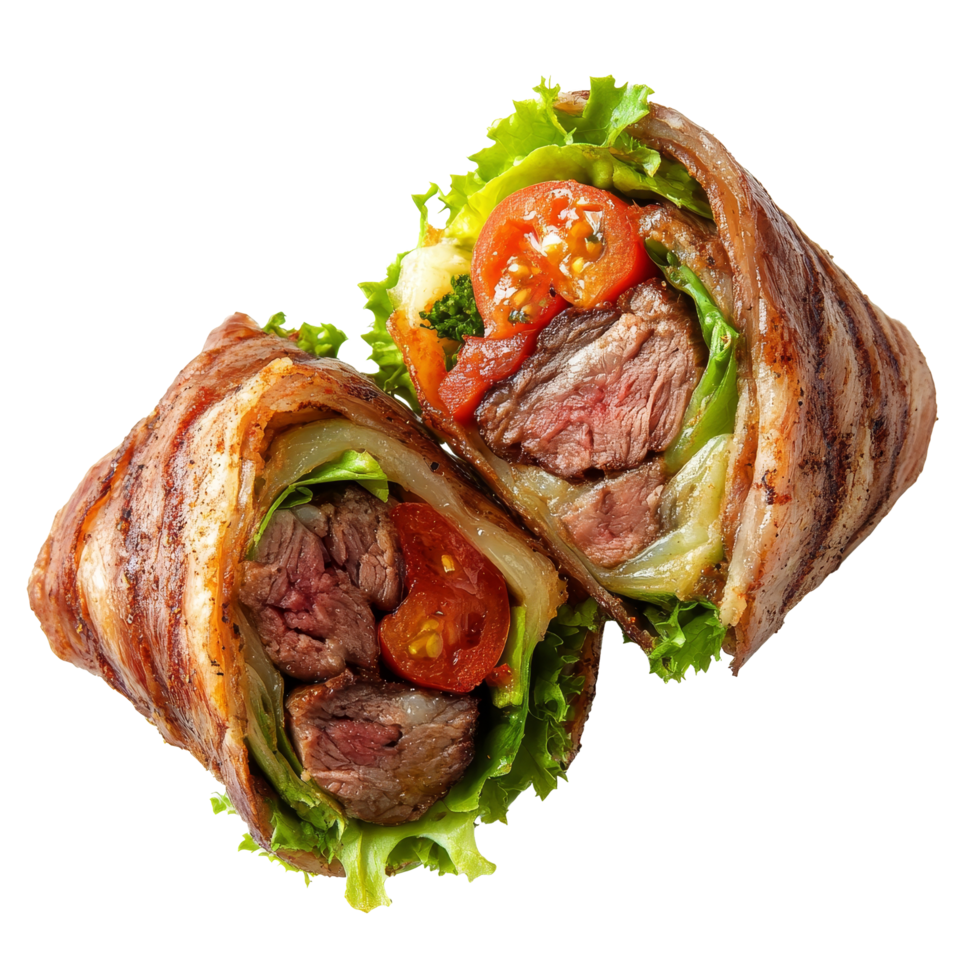 Delicious slice of meat served in a halved roll with fresh vegetables for a tasty meal, slice of meat served in a halved roll top view isolated on transparent background png