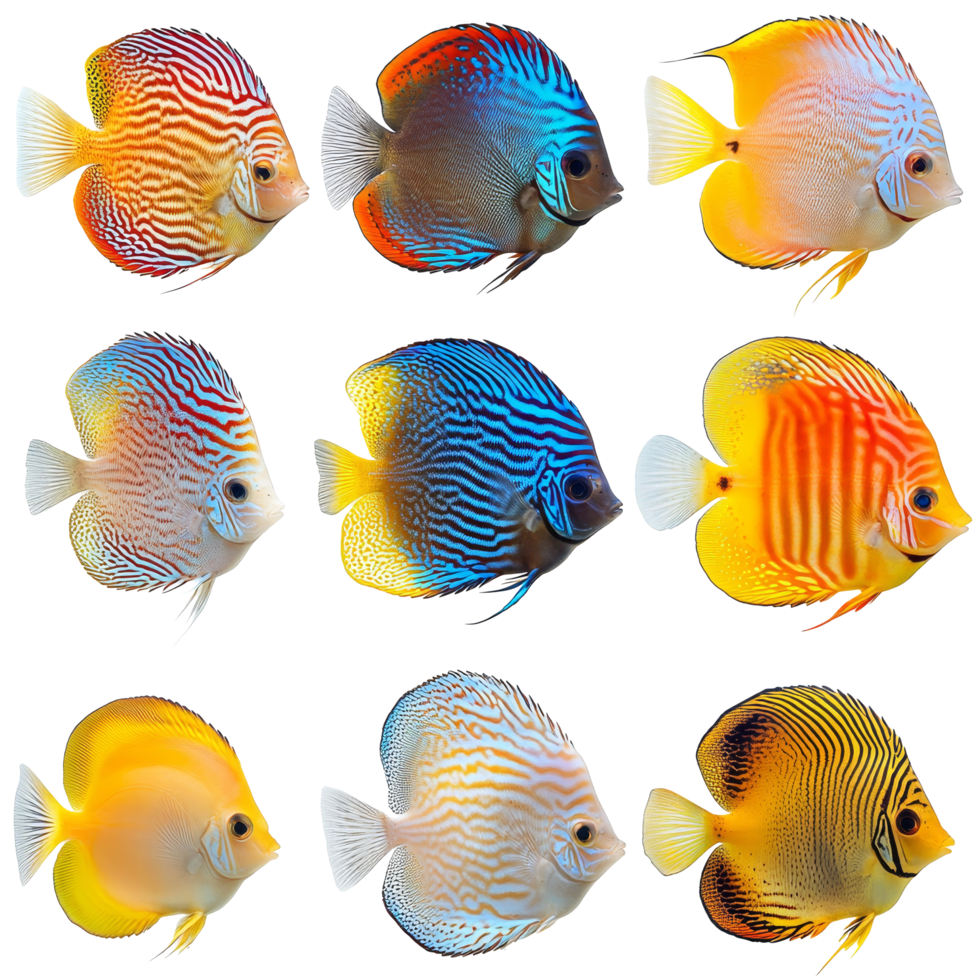 A vibrant collection of discus fish showcasing unique patterns and colors against a transparent background, discus fish isolated on transparent background png