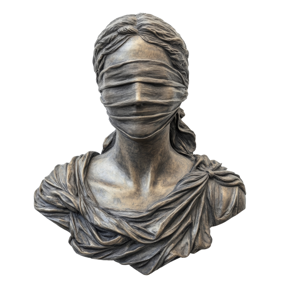 Blindfolded Lady of Justice sculpture on a transparent background representing impartiality and fairness, Lady of justice blindfolded on transparent background png