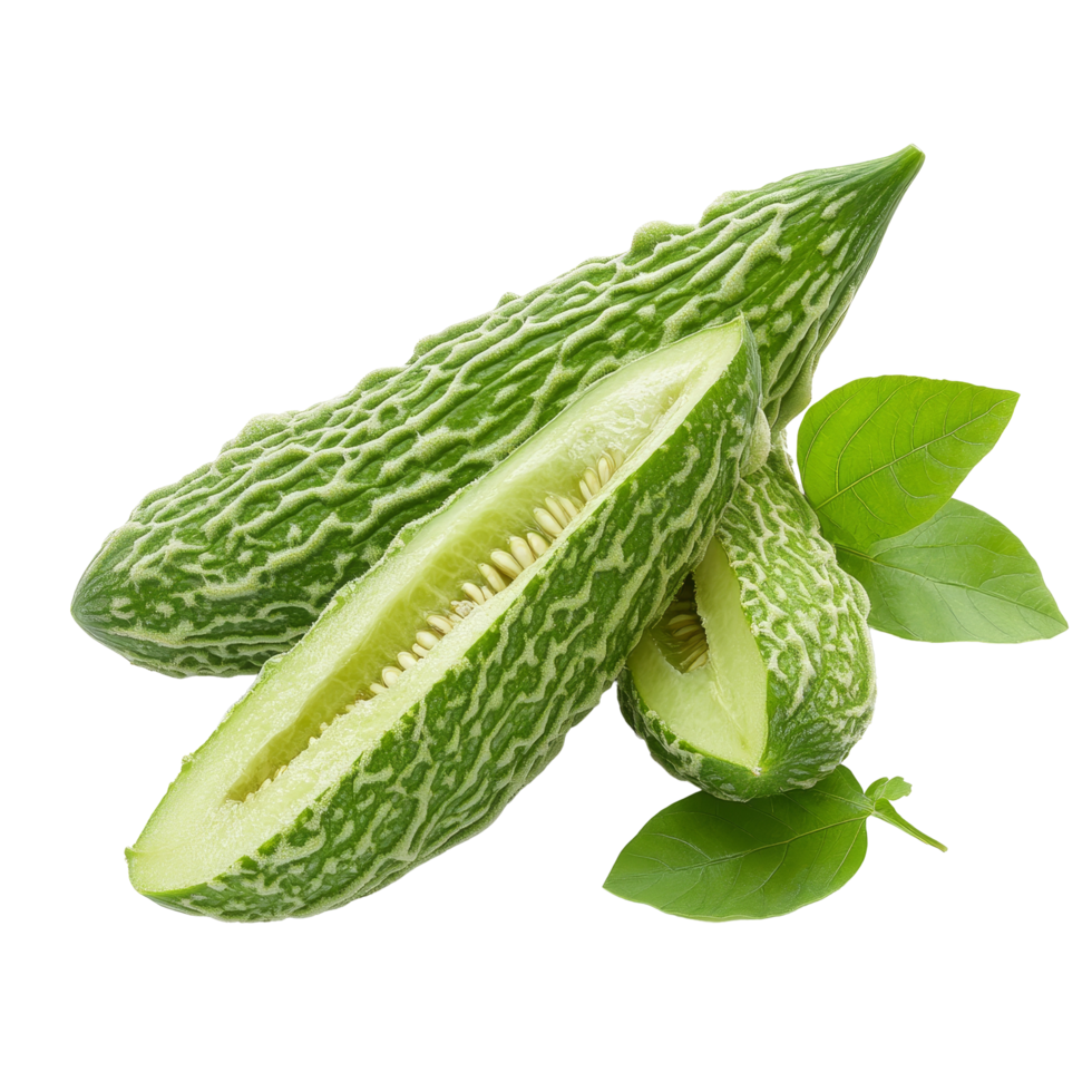 Fresh bitter melon and green leaves on a clean transparent background showcasing organic produce, Bitter melon with leaf on transparent background png