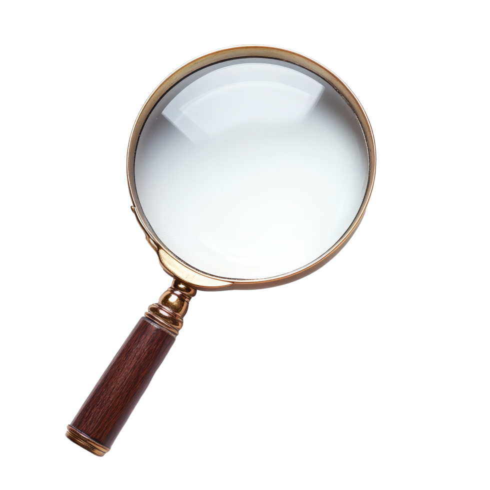 A vintage magnifying glass rests on a transparent background, perfect for examining details and enhancing visibility, magnifying glass,isolated on a transparent background png