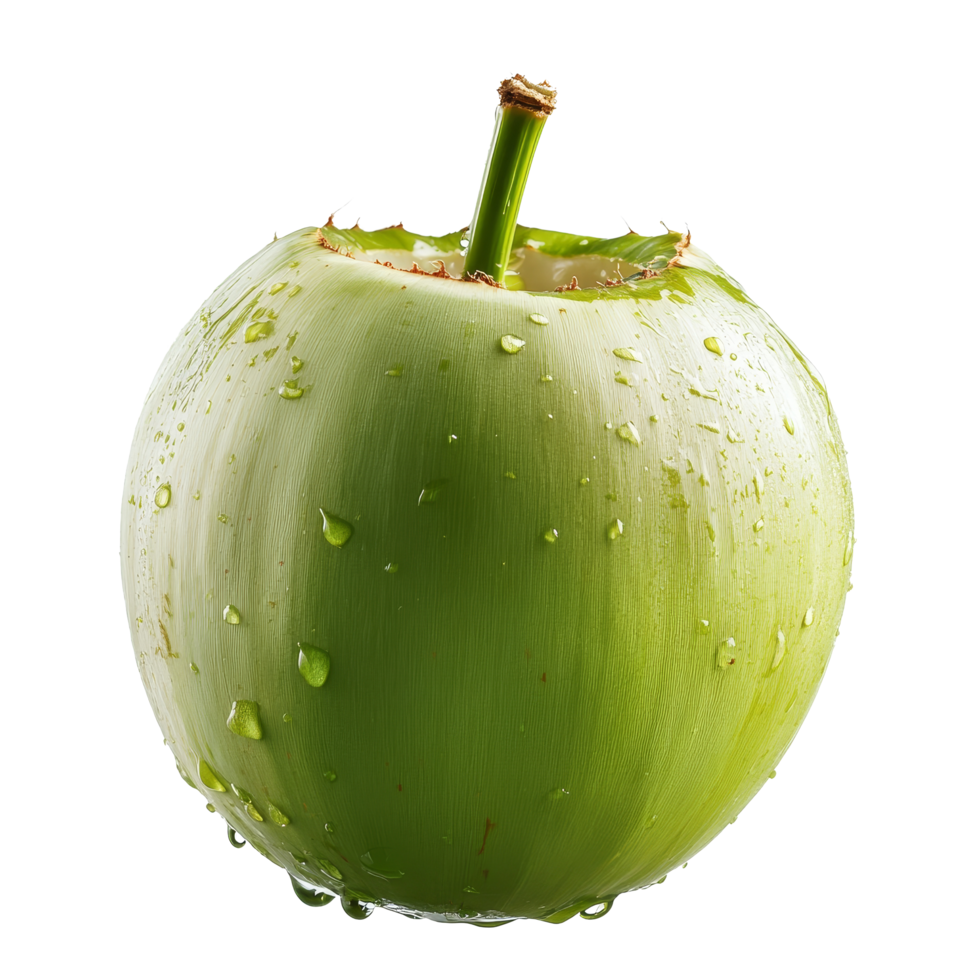 Fresh green coconut with water droplets on transparent background showcasing its natural beauty and freshness, green coconut with water drop isolated on transparent background png