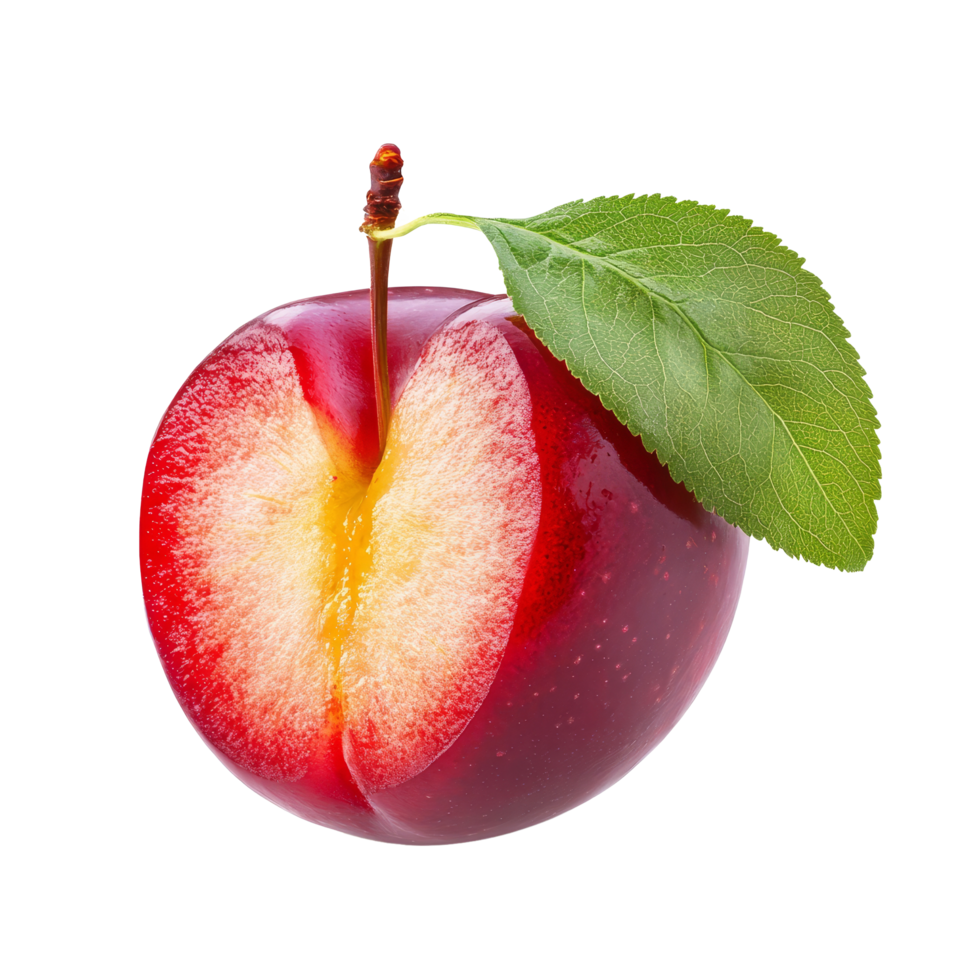 Half red cherry plum with a fresh green leaf isolated on a bright transparent background for culinary use, half red cherry plum with leaf isolated on transparent background png