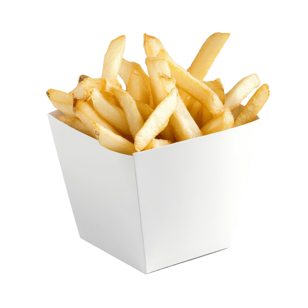 Crispy golden french fries in a transparent paper container on a neutral background, transparent paper box for french fries png
