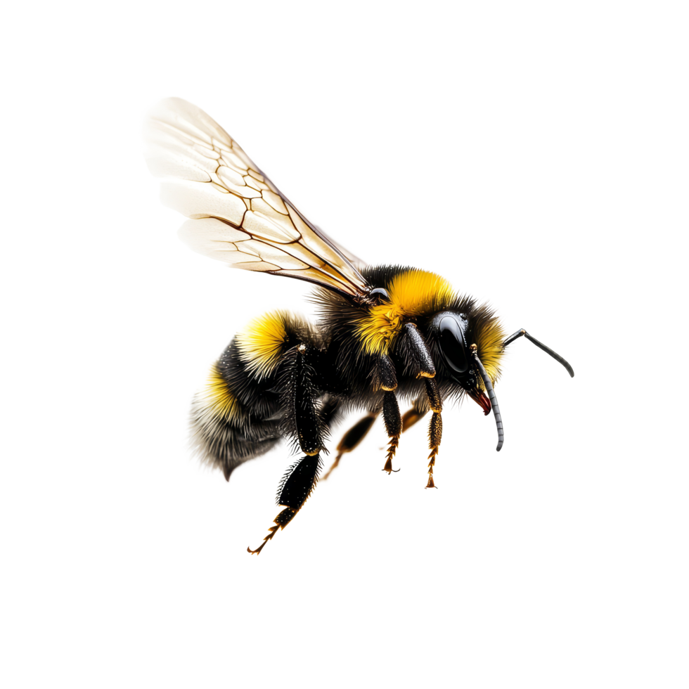 Stunning macro shot of a bumblebee in flight against a clean transparent background, a stunning bumblebee flying macro shot isolated on transparent background png