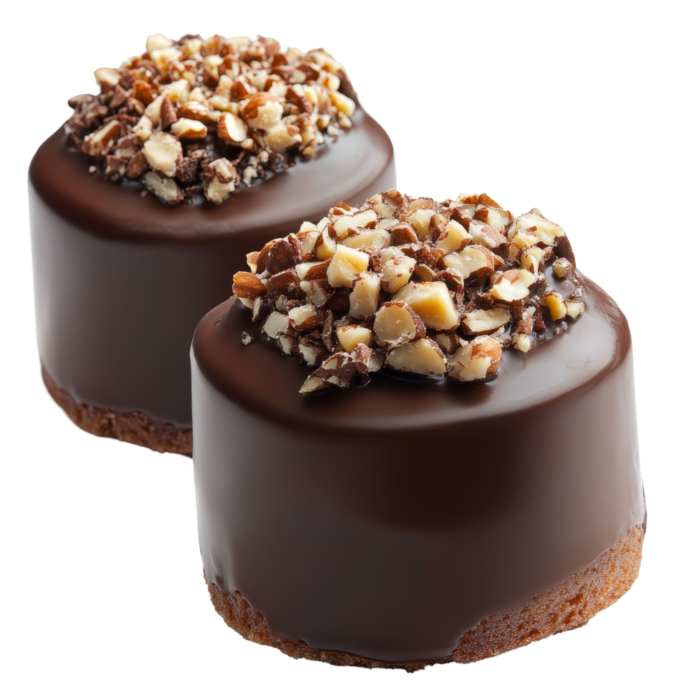 Delicious chocolate covered cakes topped with crushed nuts arranged on a clean surface, ready to be enjoyed at any time, chocolate covered cakes with crushed nuts isolated on transparent png