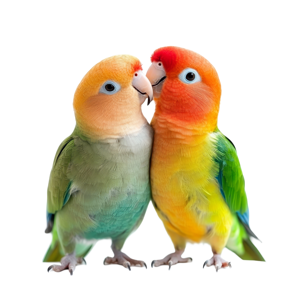Two adorable Agapornis parrots sharing a loving moment against a clean transparent background, Cute Agapornis parrot birds, in love, isolated on transparent background png