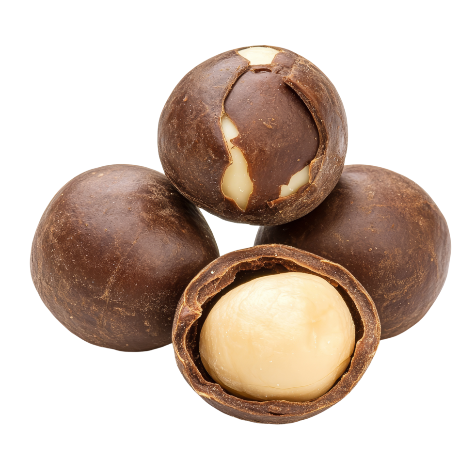 Delicious macadamia nuts coated in rich chocolate on a clean transparent background for a tempting treat, macadamia on transparent background png