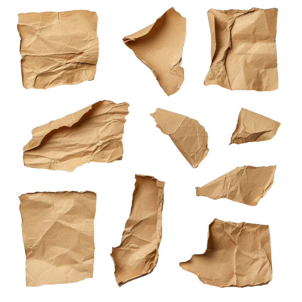 Torn pieces of corrugated paper scattered on a transparent background, showcasing various shapes and textures, Torn pieces of corrugated paper on transparent backgroundfile png