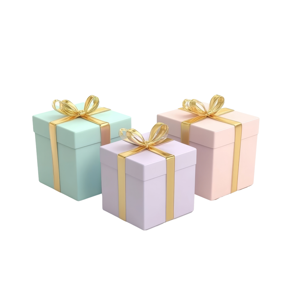 Pastel gift boxes with golden ribbons arranged beautifully on a clean transparent surface, 3 Gift boxes with golden ribbon 3d render pastel color isolated on transparent background png