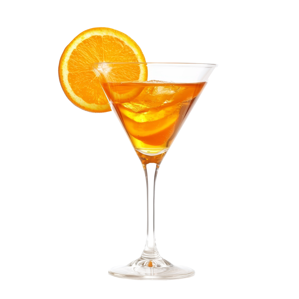 Refreshing orange cocktail served in a stylish glass with a slice of orange against a clean transparent background, orange cocktail isolated on transparent background png