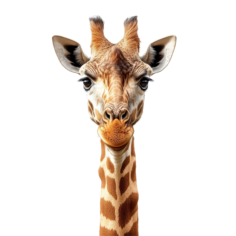 Closeup of a young giraffe in Africa showcasing its unique features against a plain background, Young beautiful close up giraffe Africa animal isolate die cut stand on transparent background png