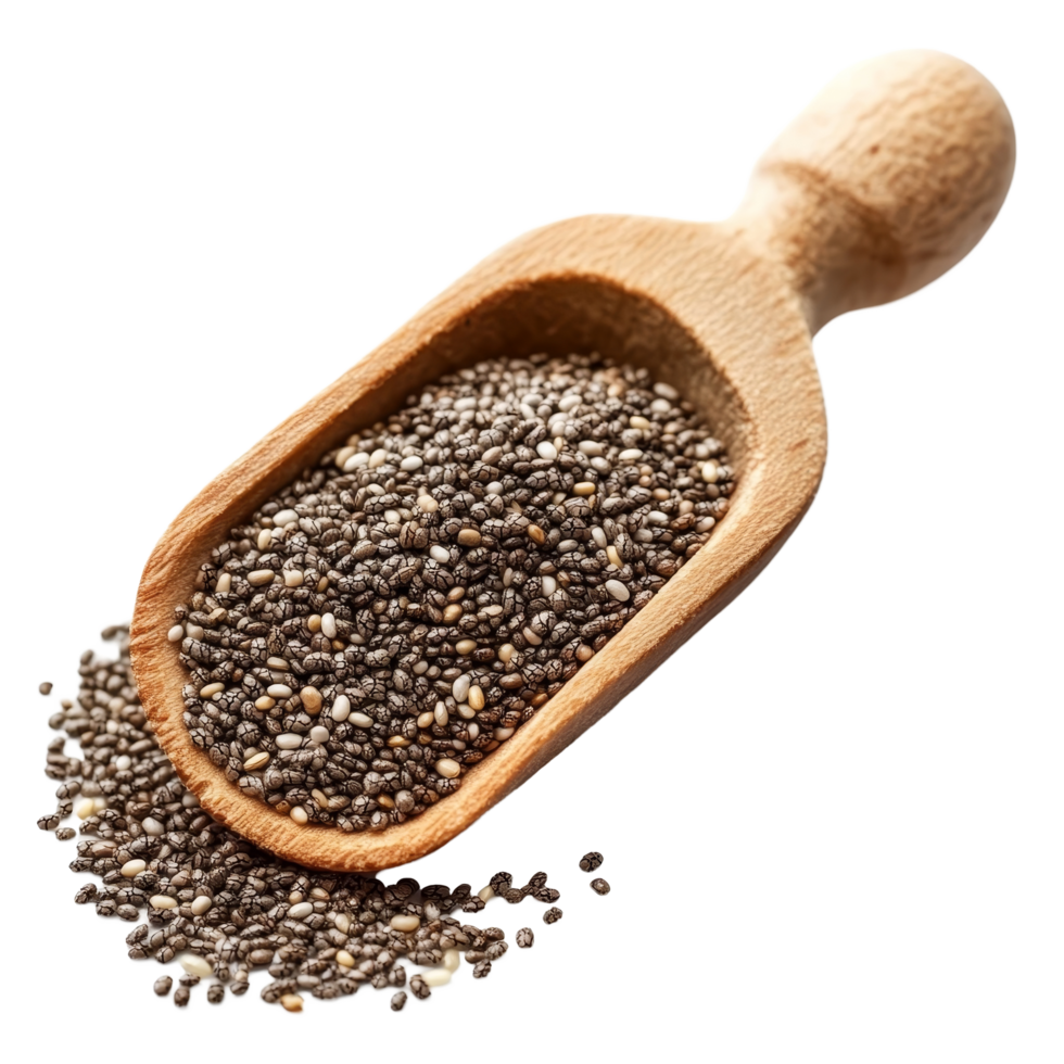 Chia seeds in a wooden scoop on a transparent background showcasing their texture and nutritional value for health enthusiasts, Chia seeds isolated Stock Photo png