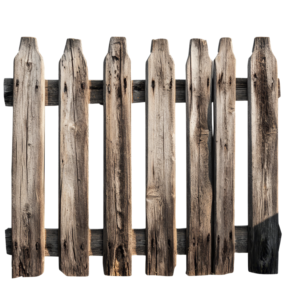 Rustic wooden fence with weathered texture isolated on a transparent background for countrythemed decor and design, Rustic Wooden Fence Isolated on transparent background png