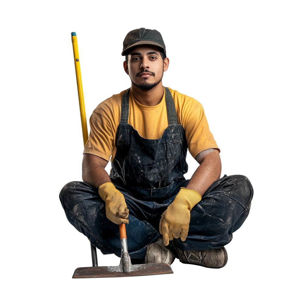 A male janitor sits on the floor with cleaning tools against a transparent background, showcasing his dedication to sanitation, Male Janitor on transparent background png