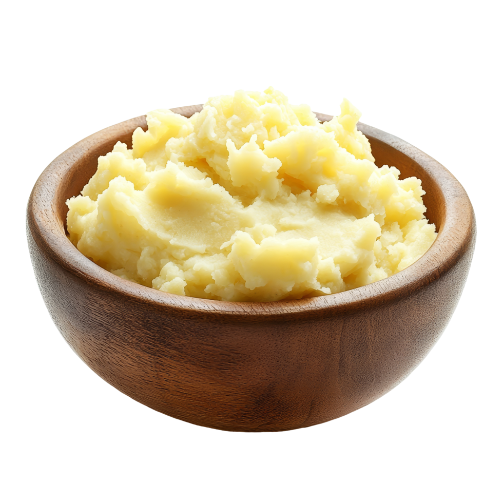 Creamy mashed potatoes served in a rustic wooden bowl against a clean transparent backdrop, Mashed potatoes in a wooden bowl on a transparent background png