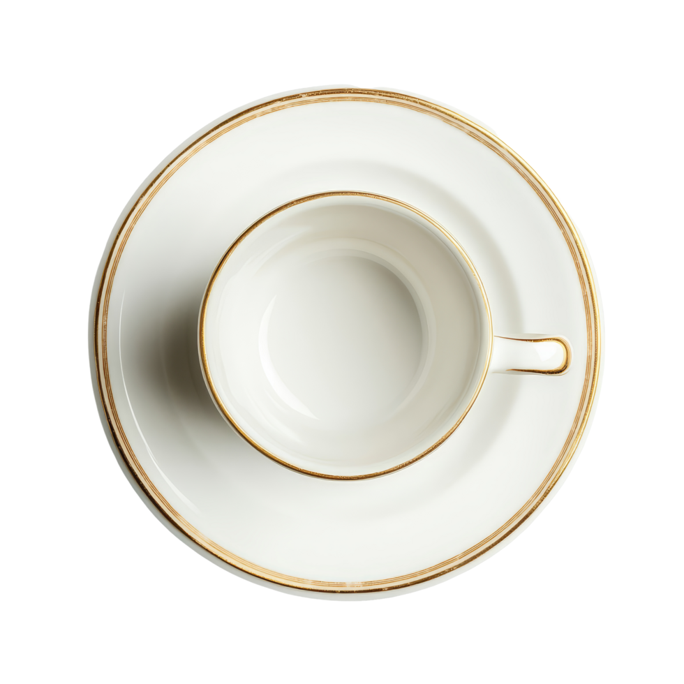 Top view of an empty porcelain cup with a saucer isolated on a transparent background, Top view of empty porcelain cup with saucer isolated on transparent background png