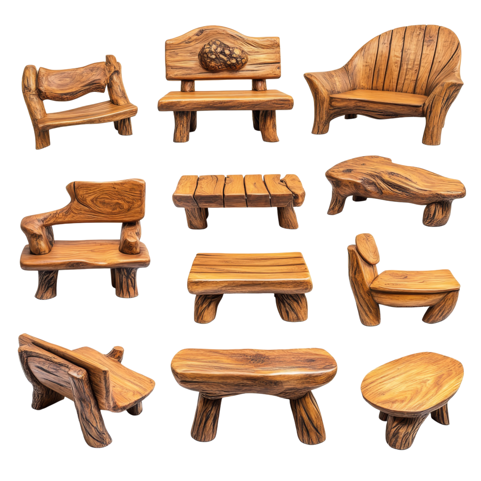 Unique handcrafted wooden furniture pieces displayed on a transparent background for an elegant showcase, Beautiful round wooden table isolated on a transparent background png