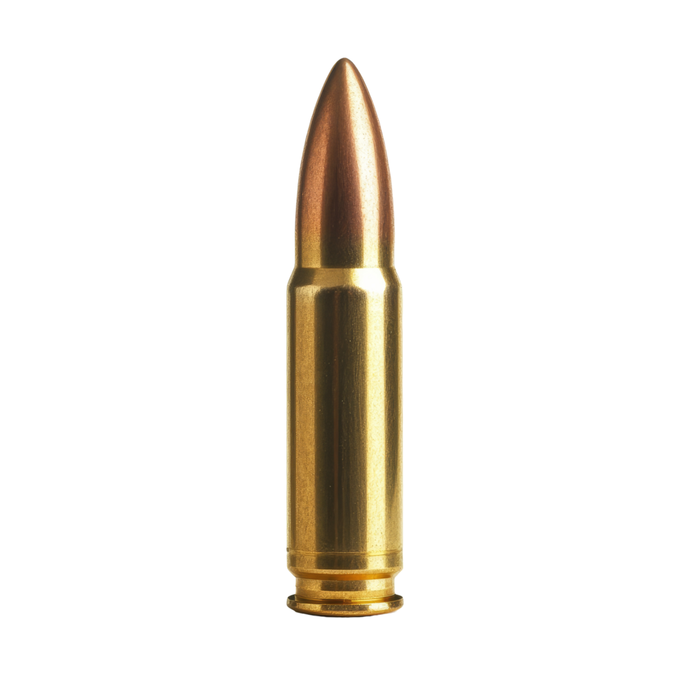 Detailed depiction of a brass bullet isolated on a transparent background showcasing its pointed tip and casing, bullet isolated on transparent background png
