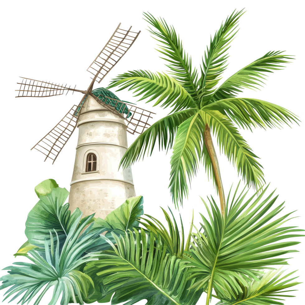 A serene tropical landscape featuring a traditional windmill surrounded by vibrant palm leaves and lush greenery, tropical nature green palm leaf ,chinese windmill on transparent backgroundfile png