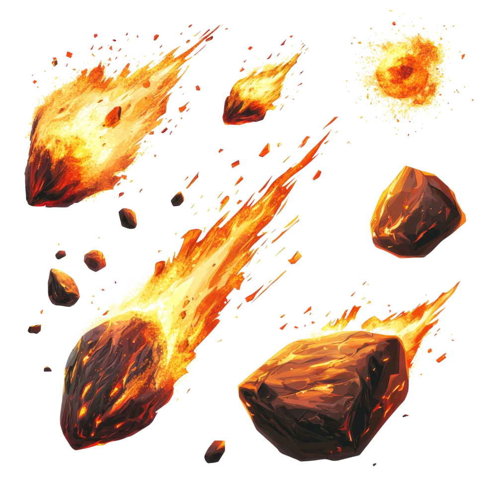 Fiery meteors streaking through space, burning rocks illuminated by flames, Set Fiery Meteors, Burning Space Rocks with Flames, Isolated on transparent background png
