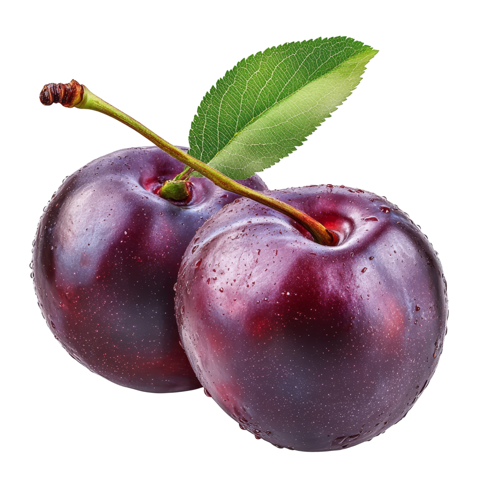 Fresh ripe plums with green leaves isolated on a clean transparent background, showcasing their juicy allure, ripe plums isolated on transparent background png