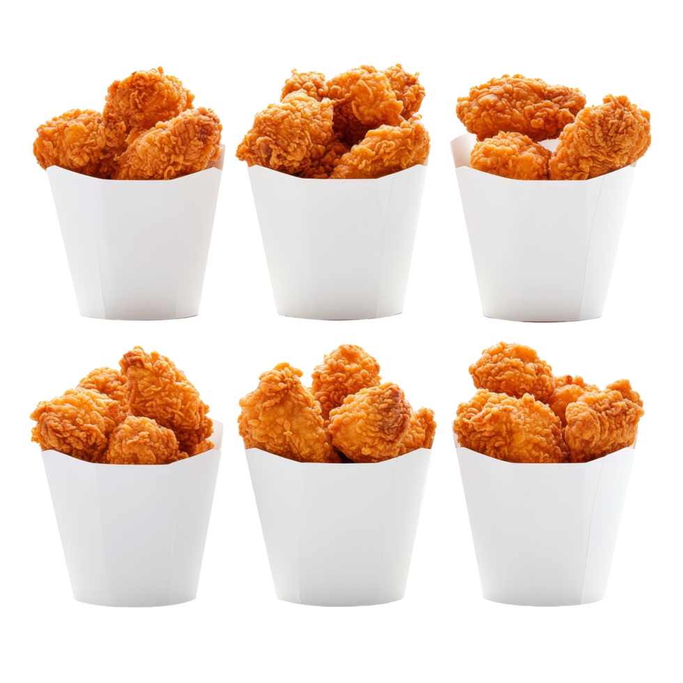 Fried chicken pieces neatly arranged in transparent paper boxes for a delicious meal experience, fried chicken in transparent paper box bucket isolated on transparent background png