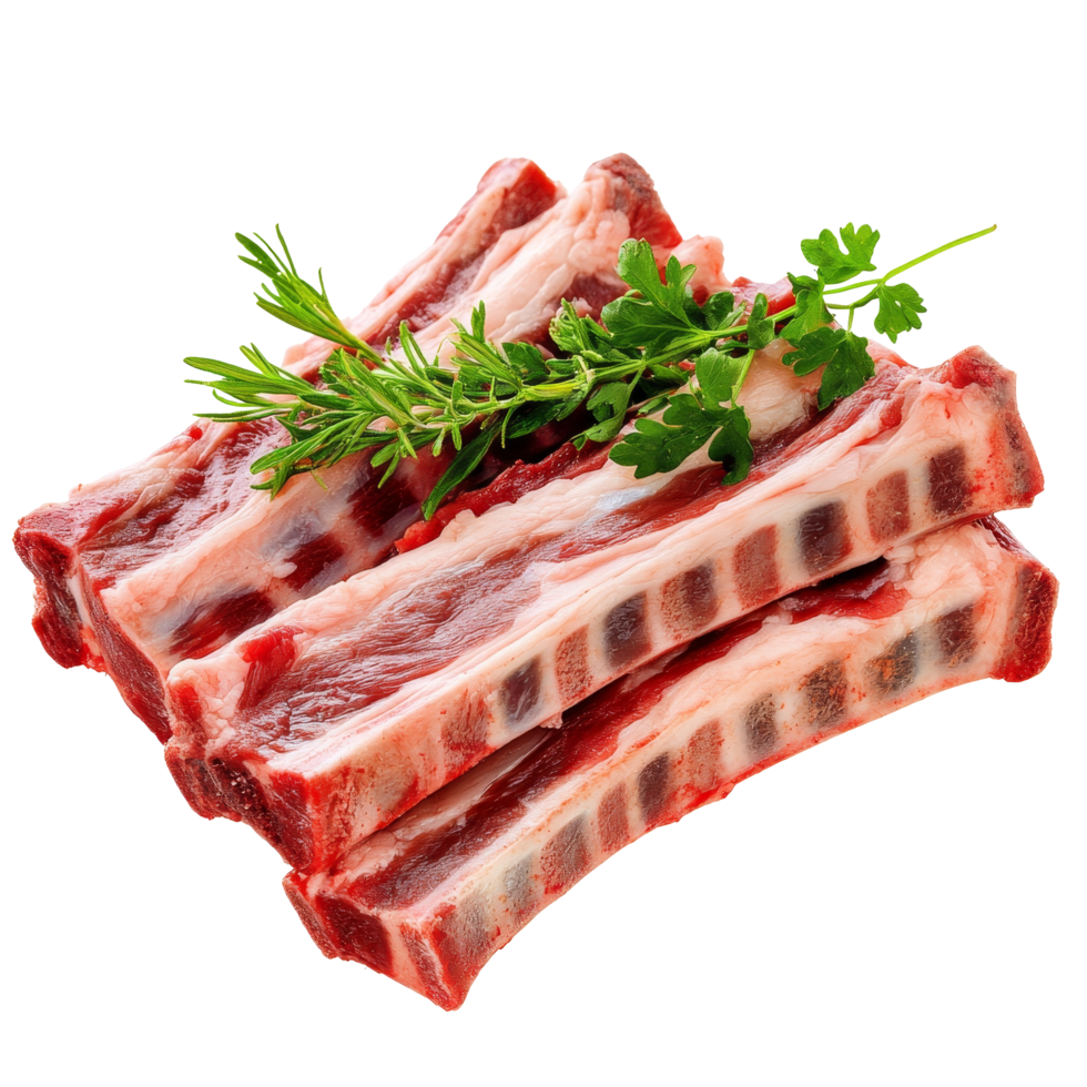 Fresh raw beef ribs isolated on transparent background with green herbs, perfect for grilling and barbecuing at home, Isolated fresh raw beef ribs meat part png