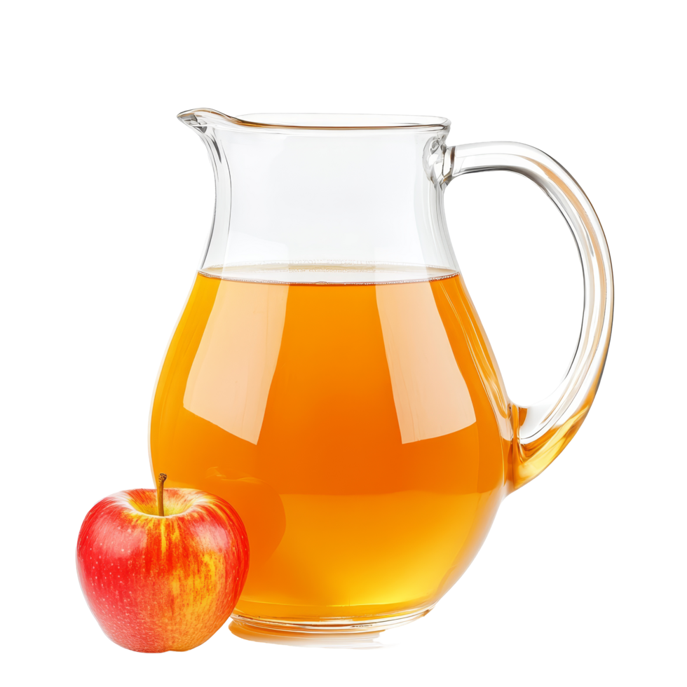 Fresh apple juice in a clear pitcher next to a ripe red apple against a transparent background, Apple juice in a pitcher isolated png